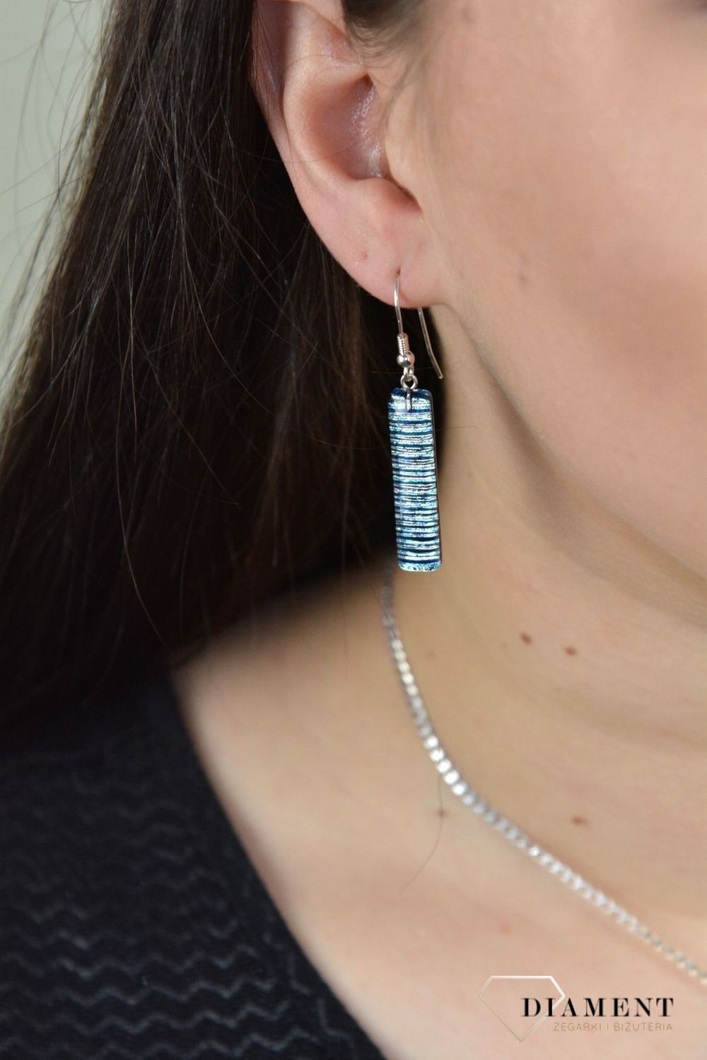 Srebrne kolczyki szkło weneckie 'Niebiesko srebrne paski' Murano 53.jpg